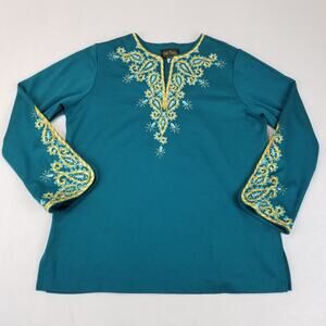 Bob Mackie Wearable Art Womens L Teal Embroidered Tunic Top A2304 Art to Wear